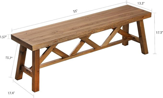 Wnutrees 54" Farmhouse Wood Bench, Rustic Solid Wood Entryway Bench Seat with Double X-Structure for Dining Area Living Room Hallway, Structural Stability, Natural