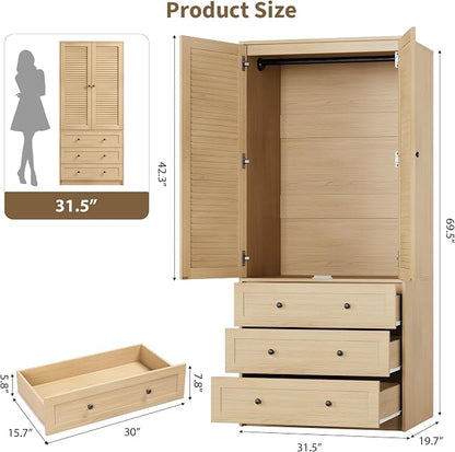 GarveeHome Armoire Wardrobe Closet with Drawers, 69.5 in Wooden Wardrobe Cabinet with Hanging Rod, 2 Doors Clothing Storage Cabinet for Bedroom, Large Capacity Storage, Louvered Door, Natural