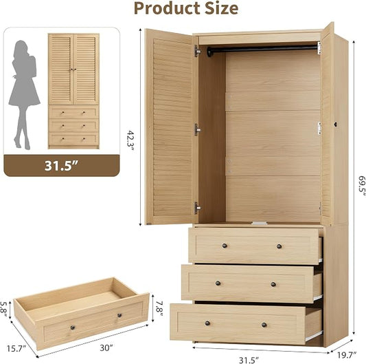 GarveeHome Armoire Wardrobe Closet with Drawers, 69.5 in Wooden Wardrobe Cabinet with Hanging Rod, 2 Doors Clothing Storage Cabinet for Bedroom, Large Capacity Storage, Louvered Door, Natural