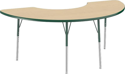 FDP Half Moon Activity School and Office Table (36 x 72 inch), Standard Legs with Swivel Glides for Collaborative Seating Environments, Adjustable Height 19-30 inches - Maple Top and Green Edge