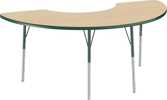 FDP Half Moon Activity School and Office Table (36 x 72 inch), Standard Legs with Swivel Glides for Collaborative Seating Environments, Adjustable Height 19-30 inches - Maple Top and Green Edge