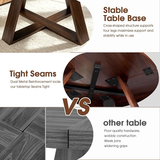 Round Coffee Table, 31.5" Modern Unique Farmhouse Coffee Table for Living Room with Walnut Wood Grain,Small Coffee Table with Open Storage, Circle Center Table with Cross Base,Rustic Brown