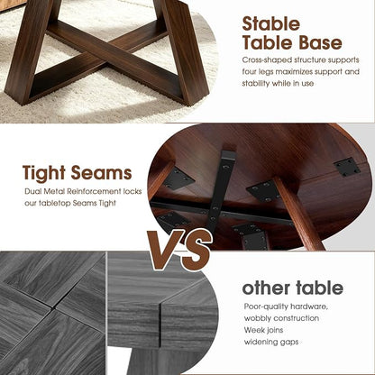 Round Coffee Table, 31.5" Modern Unique Farmhouse Coffee Table for Living Room with Walnut Wood Grain,Small Coffee Table with Open Storage, Circle Center Table with Cross Base,Rustic Brown