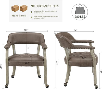 LEEMTORIG Set of 4 Dining Chairs with Casters and Arms, Rolling Dining Chairs with Wheels for Elderly, Ergonomic Wide Seat Wooden Office Desk Chairs, 26"D x 25.2"W, Grey Legs & Dark Brown SY-1318-DK