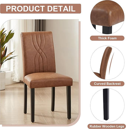 VECELO Upholstered Dining Chairs Set of 6, Modern PU Leather High Back Chairs with Solid Wood Legs for Kitchen and Living Room, Brown