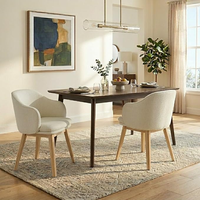 KISLOT Wooden Dining Chairs Set of 2, Fabric Upholstered Modern Dining Room Chairs with Barrel Backrest & Double-Layer Thick Cushion for Living Room, Restaurant, Kitchen and Café, Beige