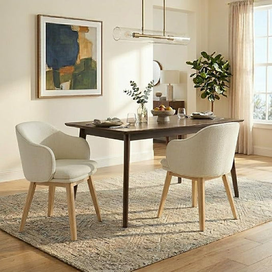 KISLOT Wooden Dining Chairs Set of 2, Fabric Upholstered Modern Dining Room Chairs with Barrel Backrest & Double-Layer Thick Cushion for Living Room, Restaurant, Kitchen and Café, Beige