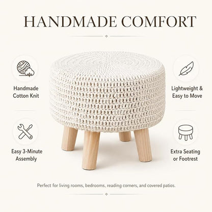 Wimarsbon Pouf Ottoman, 100% Cotton Knitted Boho Footstool, Round Footrest with Non-Skid Wood Legs, Home Décor Handmade Pouffe, Leisure Floor Step Stool for Living Room (Beige)