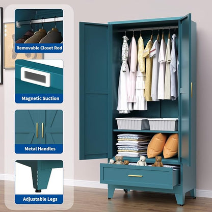 Steel Armoire Wardrobe Closet, 71" Metal Clothing Storage Cabinets with 2 Doors, 1 Drawer & 1 Adjustable Shelf, Blue Wardrobe Cabinet with Hanging Rod for Bedroom, Gym