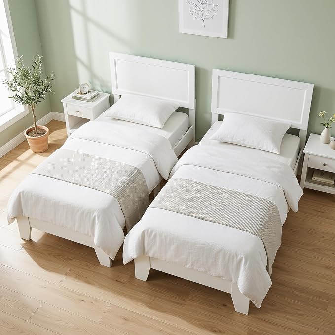 KOMFOTT Twin Size Bed Frame, Modern Platform Bed with Headboard, Wooden Slat Support Mattress Foundation, Under-Bed Storage Space, No Box Spring Needed (White,Twin)