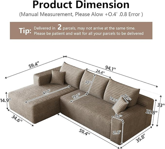 95" Cloud Sectional Couch with L-Shape Chaise, Modular Comfy Sofa Chaise Longue, Upholstered Corduroy Couches Sleeper with Deep Seat for Living Room Bedroom, No Assembly Required(Camel, Left Facing)