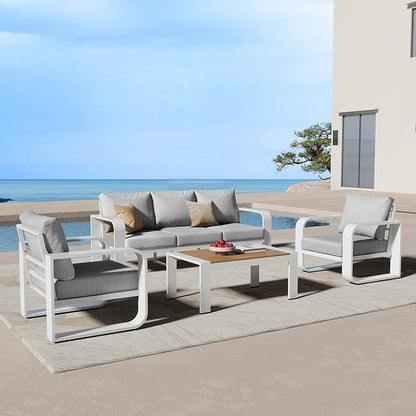 Oversized Aluminum Outdoor Furniture Set, Extra Large Patio Furniture Sofa Set 4.8” Widened Armrest & Ultra-Thick Cushions, 4 Pcs Modern Patio Sectional for Backyard, Porch, White