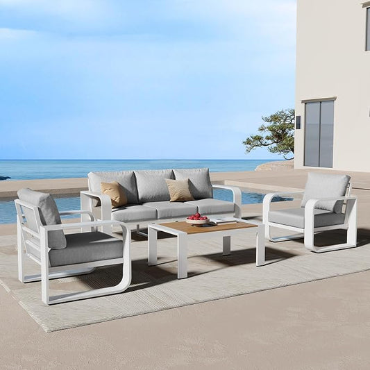 Oversized Aluminum Outdoor Furniture Set, Extra Large Patio Furniture Sofa Set 4.8” Widened Armrest & Ultra-Thick Cushions, 4 Pcs Modern Patio Sectional for Backyard, Porch, White