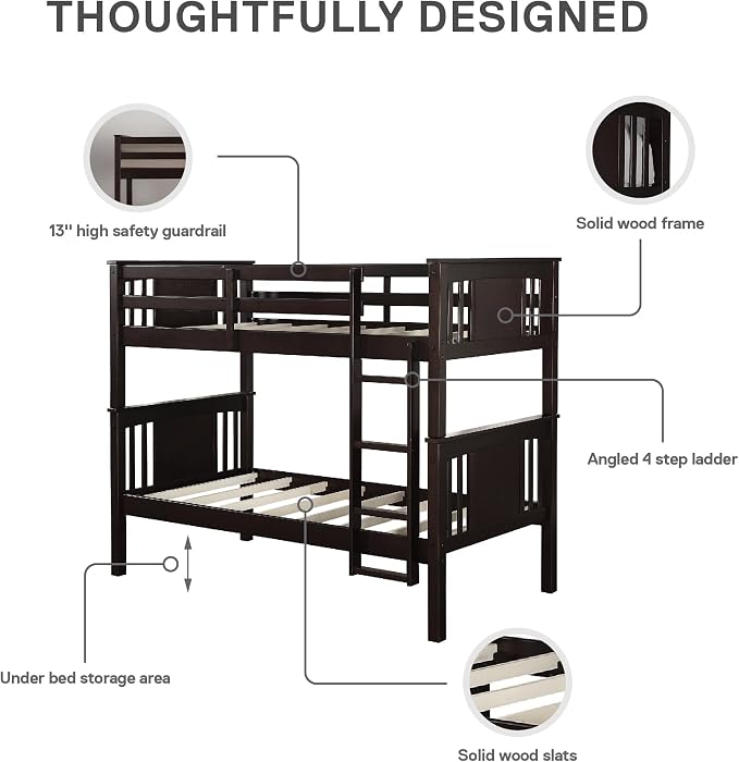 DHP Dylan Convertible Wood Bunk Bed, Stackable and Detachable Bed Frames for Kids and Teens, with Ladder, High Guardrail, Wood Slats, No Boxspring Required, Twin-Over-Twin, Espresso