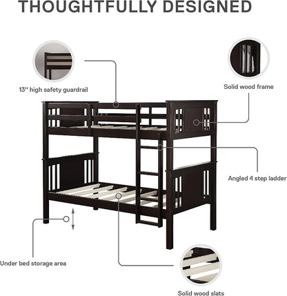 DHP Dylan Convertible Wood Bunk Bed, Stackable and Detachable Bed Frames for Kids and Teens, with Ladder, High Guardrail, Wood Slats, No Boxspring Required, Twin-Over-Twin, Espresso