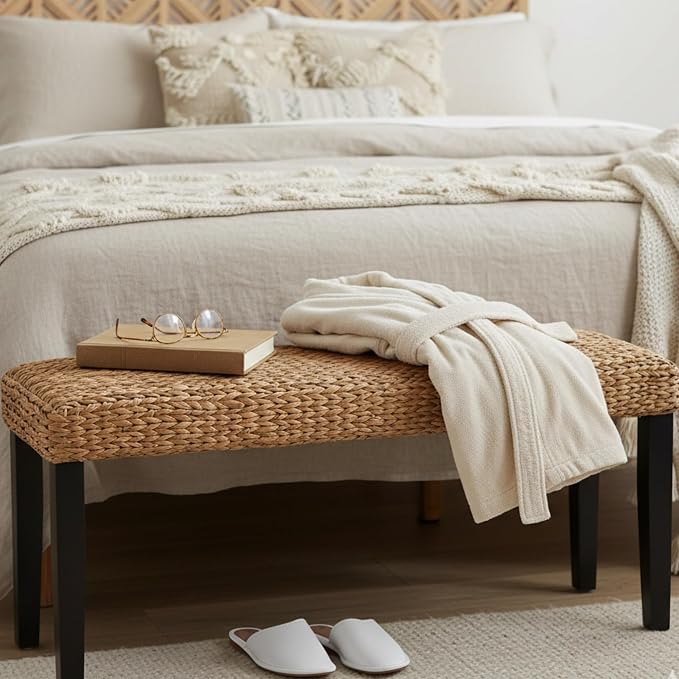 Entryway Bench with Solid Wood Acacia, 47" End of Bed Bench for Bedroom, Water Hyacinth Indoor Bench Seat, Boho Woven Bench for Living Room, Wicker Bench for Hallway or Kitchen, Wood Bench (Black Leg)