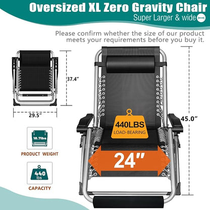 DoCred Oversized Zero Gravity Chair, 29In XL Lawn Folding Lounge Chairs, Lawn Recliner, Reclining Patio Lounger Chair, Folding Portable Chaise with Detachable Soft Cushion, Cup Holder, Headrest