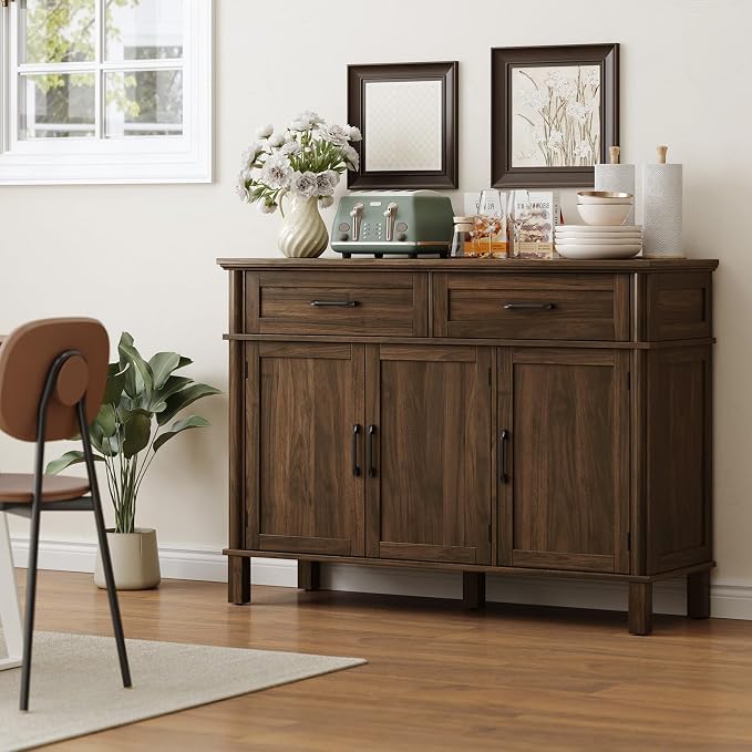 ONBRILL 48 Inch Buffet Cabinet with Storage, Farmhouse Sideboard Buffet w/2 Drawers and 3 Doors, Wood Coffee Bar Cabinet with Adjustable Shelves, Sideboard Storage for Kitchen, Living Room, Walnut