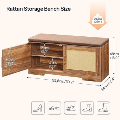 HOOBRO Faux Rattan Shoe Storage Bench with Cushion, Boho Entryway Bench with 2 Doors and Adjustable Shelves, Pet-Proof Hidden Shoe Cabinet for Hallway, Living Room, 39.2" L, Natural, CE53HX01