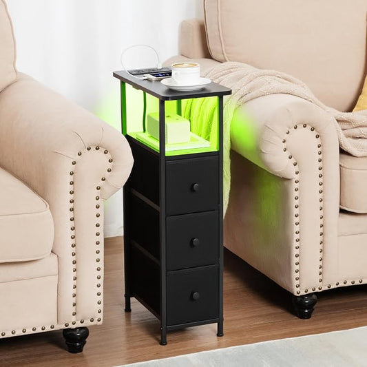 LOAKEKEL Narrow End Tables Living Room Set of 2 with Charging Station, Skinny Side Table with Fabric Drawers, Slim LED Nightstand for Bedroom, Small Spaces, Couch, Black, HETNDP03LBK