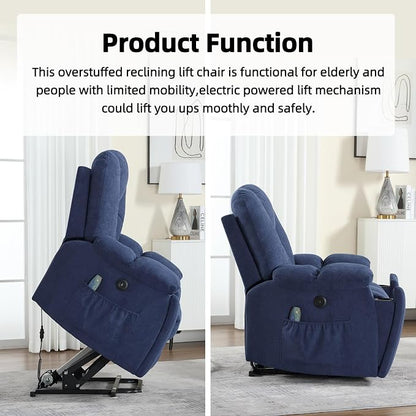 CANMOV Power Lift Recliner Chair with Massage and Heat for Elderly, Overstuffed Wide Recliners, Heavy Duty and Safety Motion Reclining Mechanism with USB Ports, 2 Concealed Cup Holders, Navy Blue