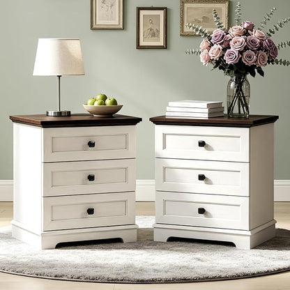 20-Inch Wide Modern Nightstands Set of 2 with Charging Station, End Tables with 3 Large Drawers, Simple Design Bedside Table for Bedroom and Office,White