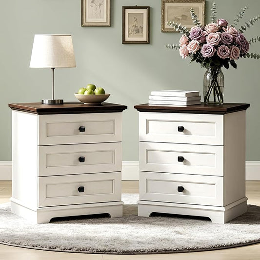 20-Inch Wide Modern Nightstands Set of 2 with Charging Station, End Tables with 3 Large Drawers, Simple Design Bedside Table for Bedroom and Office,White