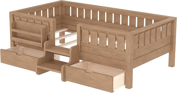 Bellemave Twin Size Kids Bed with high Rails and with Built-in Bookshelf and Drawers for Kids, Girls, Boys, Wood Montessori Bed Without Door, Natural