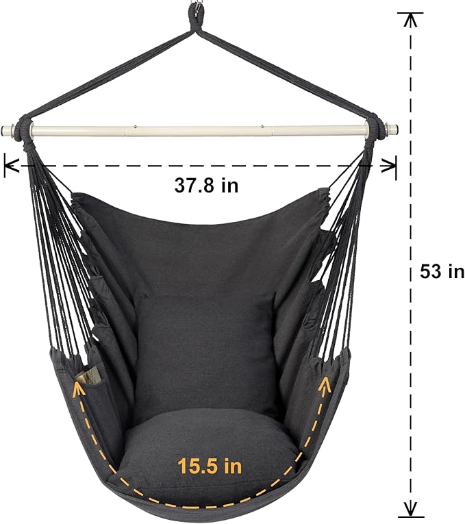Y- STOP Hammock Chair Hanging Rope Swing Chair, Max 500 Lbs, 2 Seat Cushions Included, Removable Steel Spreader Bar with Anti-Slip Rings, Hardware kit-for Indoor Outdoor(Dark Grey)