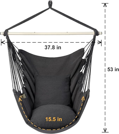 Y- STOP Hammock Chair Hanging Rope Swing Chair, Max 500 Lbs, 2 Seat Cushions Included, Removable Steel Spreader Bar with Anti-Slip Rings, Hardware kit-for Indoor Outdoor(Dark Grey)