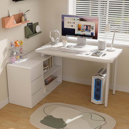 Bobve L Shaped Computer Desk, 47 Inch Home Office Desk with File Drawers & Storage Shelves, Small Corner Computer Desk for Small Space (White)