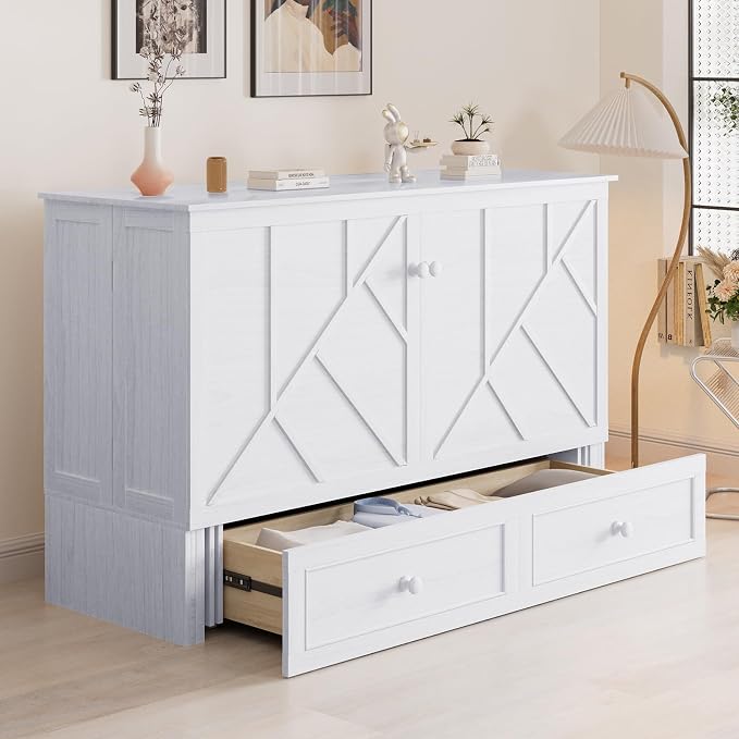 CECER White Murphy Bed Cabinet with Mattress, Space-Saving Folding Bed