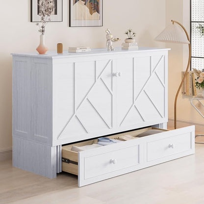 CECER White Murphy Bed Cabinet with Mattress, Space-Saving Folding Bed