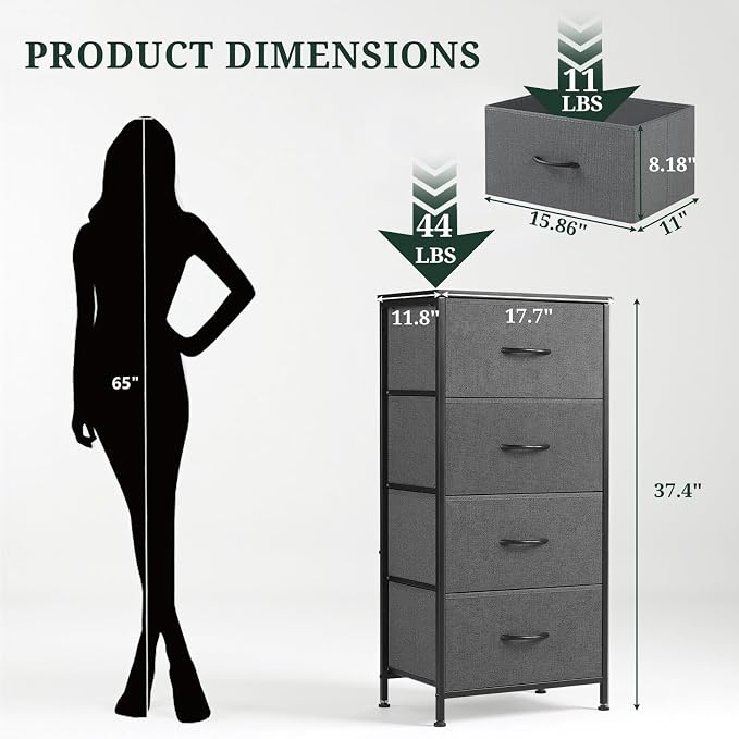 4 Drawers Dresser for Bedroom, Fabric Storage Tower Organizer with Wooden Top and Steel Frame, Tall Chest of Drawers for Closet, Entryway, Dorm, Gray