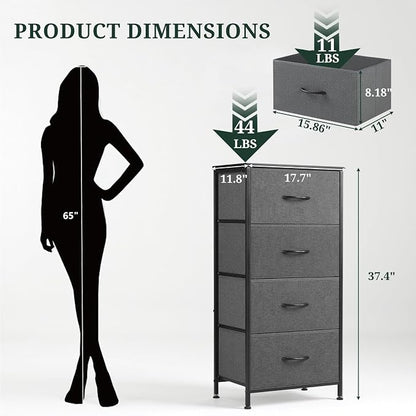 4 Drawers Dresser for Bedroom, Fabric Storage Tower Organizer with Wooden Top and Steel Frame, Tall Chest of Drawers for Closet, Entryway, Dorm, Gray