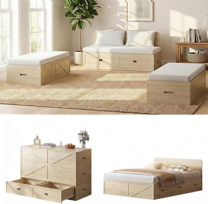 CECER 3-in-1 Full Murphy Bed with Mattress for Small Space -Natural Wood | Multi-Functional Desgin that Converts to Sofa Set，Bed and Cabinet，Easy Assemble ＆ Conversion