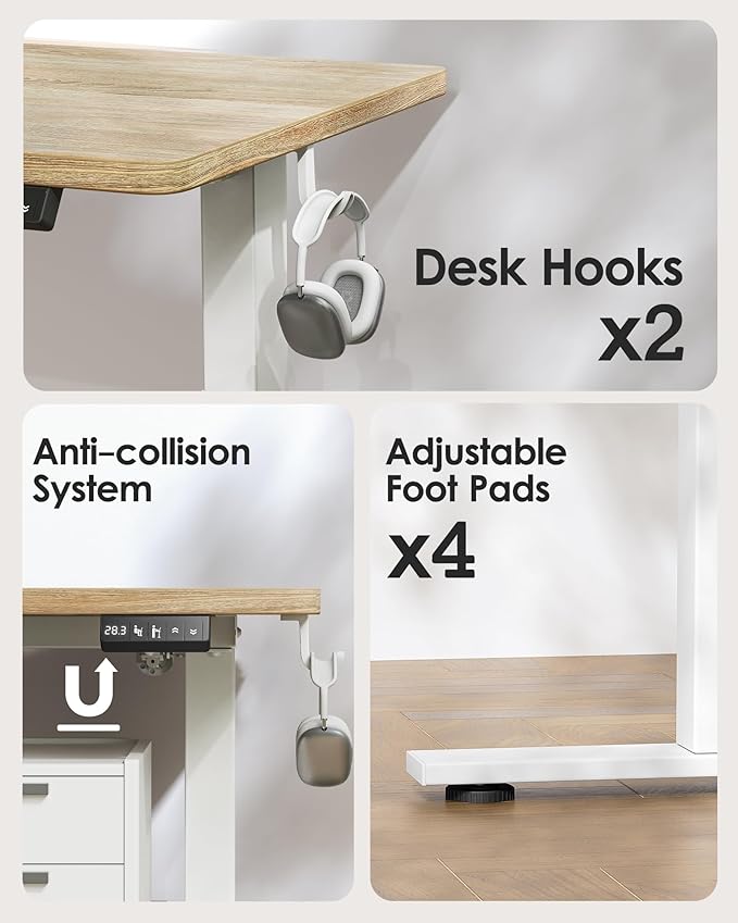 TIQLAB Standing Desk 63 x 24 inch, Electric Height Adjustable Desk with Splice Board, Sit Stand Desk Computer Table for Home Office, White Frame/Maple Top