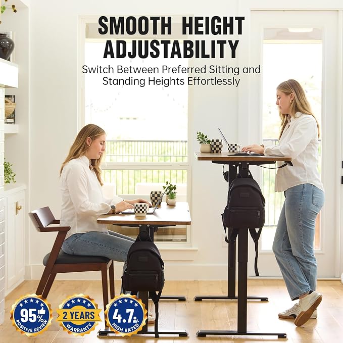 Veken 55 Inch, Height Adjustable Sit Stand Up, Wood Desktop, Work Home Office Computer PC Table, Tall Standup Workstation, Gaming Writing Study Bedroom Rising Desks, Brown