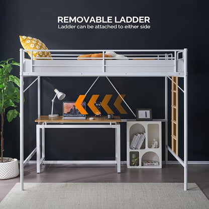 VINGLI Loft Bed Full Size with Flat Rungs for Adults, Kids and Young Teens, No Box Spring Required,Heavy Duty Metal Slat Support,White