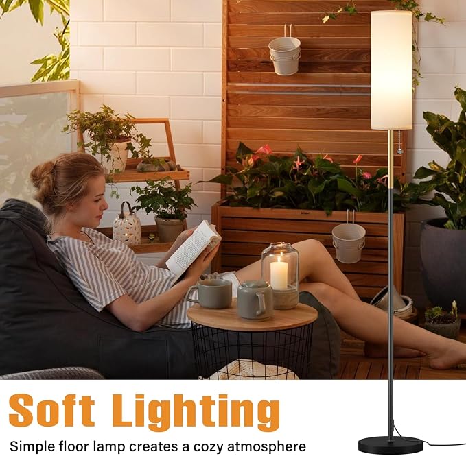 Ambimall 64'' Floor Lamp for Living Room with 3 Color Temperatures Bulb, Minimalist Pole Lamp, White Lampshade, Black & Gold Pole
