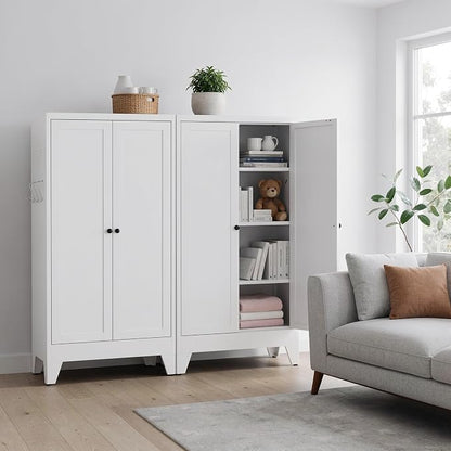 48" H White Steel Pantry Storage Cabinet with 3 Adjustable Shelves | 4-Tier Tall Metal Cabinets for Kitchen, Living Room, Garage, Heavy Duty Freestanding Utility Cabinet, Assembly Required