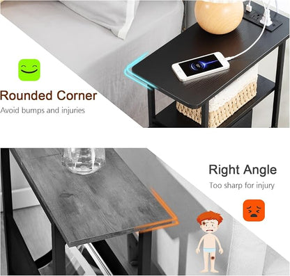 LOAKEKEL Narrow End Tables Living Room Set of 2 with Charging Station, Skinny Side Table with Fabric Drawers, Slim Nightstand for Bedroom, Small Spaces, Couch, Black, HETNDP03BK