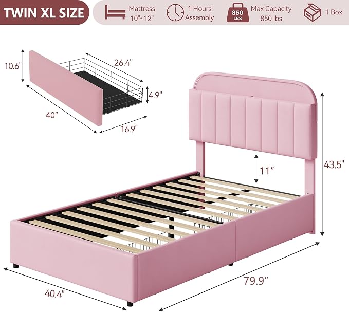 GarveeHome Twin XL Bed Frame with Storage Headboard, Kids Bed Frame with 2 Drawers, Velvet Upholstered Platform Bed Frame with Lights, No Box Spring Needed, Easy Assembly, Velvet Pink