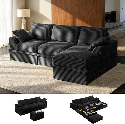 Upgrade Boneless Couch with Storage, Extra Deep&High Seat Modular Sectional Sofa 3 Seater L Shaped Cloud Couch with Ottoman, Tool-Free Assembly Sectional Couches for Living Room, Black