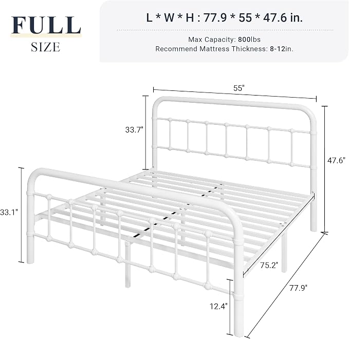 Allewie Full Size Metal Platform Bed Frame with Victorian Style Wrought Iron-Art Headboard/Footboard, No Box Spring Required, White