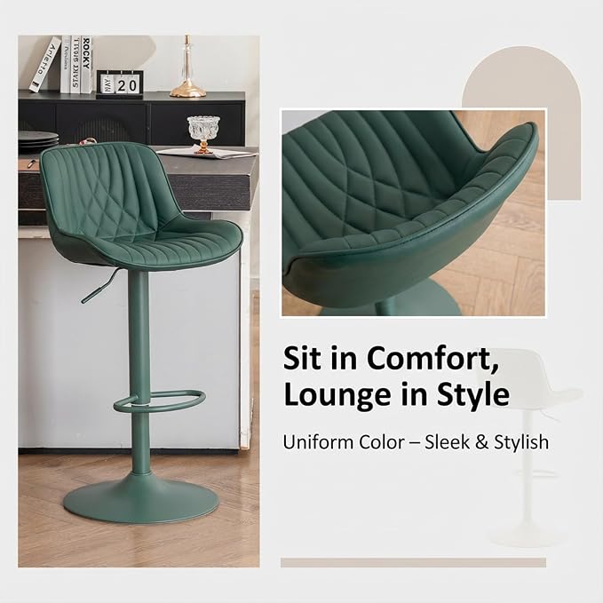 YOUTASTE Faux Leather Bar Stools Set of 2, All Dark Green Upholstered Counter Height Barstools with Back, Adjustable Swivel Stool Chair with Dark Green Metal Base for Home Kitchen Island