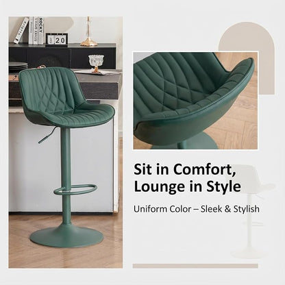 YOUTASTE Faux Leather Bar Stools Set of 2, All Dark Green Upholstered Counter Height Barstools with Back, Adjustable Swivel Stool Chair with Dark Green Metal Base for Home Kitchen Island