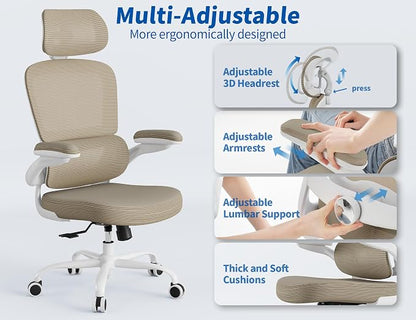 TRALT Ergonomic Office Chair - Desk Chair with Adjustable Headrest Lumbar Support Computer Chair - Mesh Comfy Chair with Flip-up Armrests - Gaming Chairs for Adults Home Office (PU Leather,Khaki)