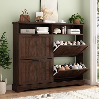 Shoe Storage Cabinet with 4 Flip Drawers, Farmhouse Modern Hidden Shoes Rack Cabinet with Adjustable Shelves & Open Storage, Narrow Slim Shoe Organizer for Front Door Entrance, Entryway, Walnut