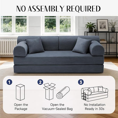 79'' Convertible Sofa Bed, 6 in 1 Folding Floor Futon Couch Sleeper with Fixed Frame, Corduroy Modular Sofa Bed with Removable Armrests & Pillows, No Assembly for Living Room Bedroom (Dark Gray)